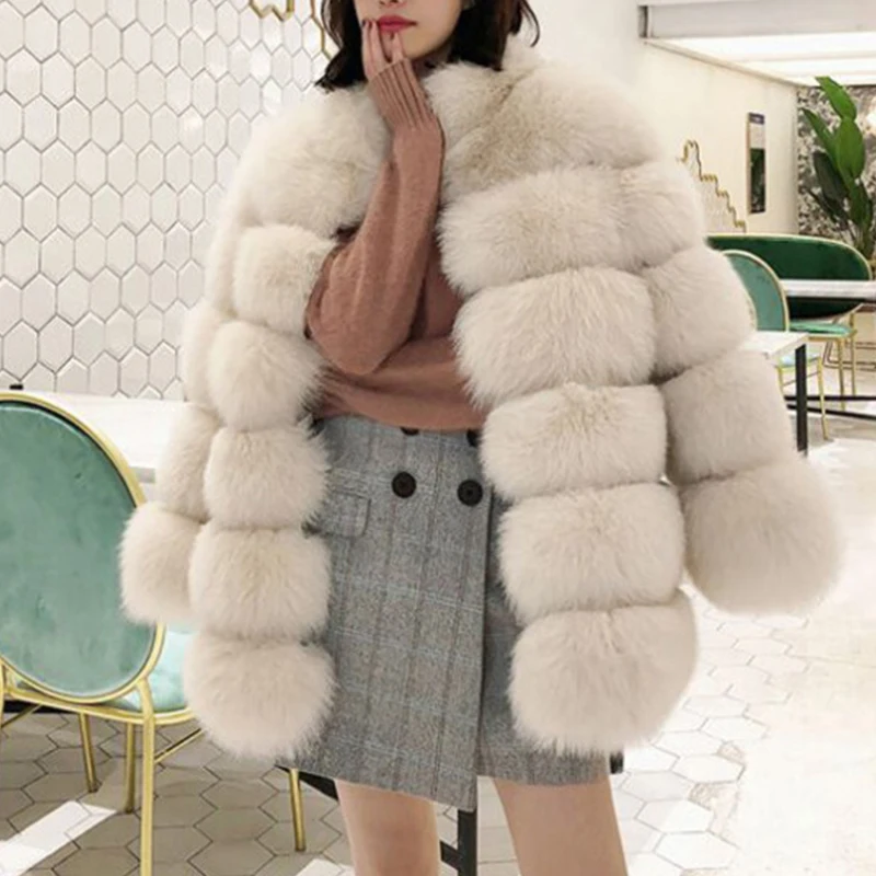 Korean Style Elegant Women Thick Warm Faux Fur Coat Mid-length Stand Collar 2023 Winter Fluffy Fur Jacket Lady Luxury Overcoat