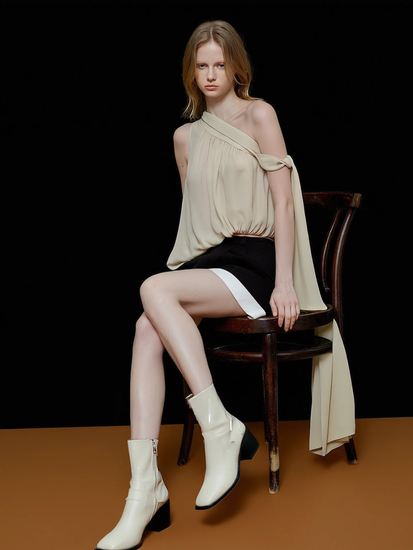 

Elegant Slant Shoulder Asymmetrical Sash T-Shirt Slim Fit Versatile Summer New Style Commute Style Pure Color Moisture Wicking