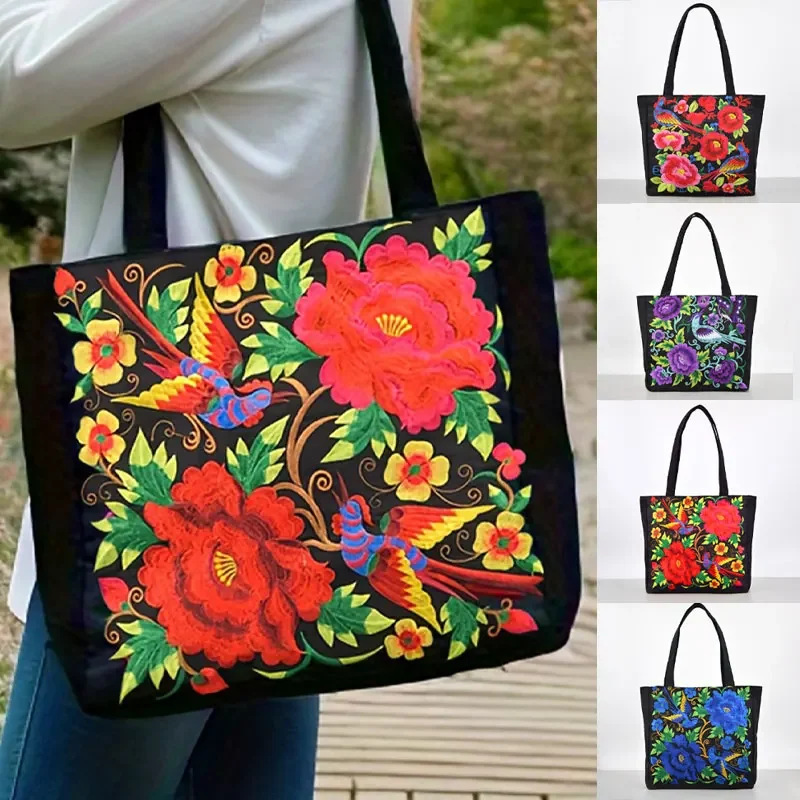 Ethnic Style Embroidery Shoulder Bag Large Capacity Literary Canvas Bag Retro Peony Tote Shopping Bag