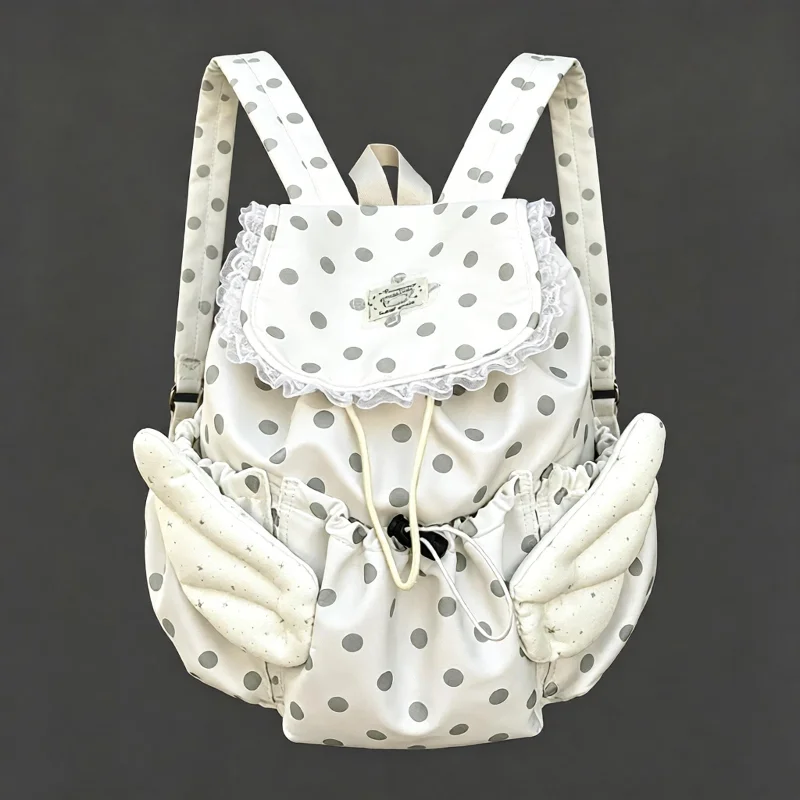 Modischer Polka-Dot-Rucksack mit großem Fassungsvermögen, Kordelzug, Schultasche, für Studenten, Campus, Engelsflügel-Design, für Damen, lässiger Reise-Tagesrucksack