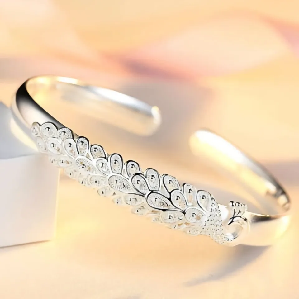 Pulsera de plata de ley 925 para mujer, brazalete elegante con apertura de pavo real, accesorios de boda, regalo de joyería