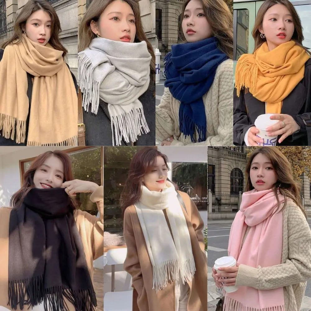 

200 г однотонный шарф из искусственного кашемира для женщин, одноцветный утолщенный теплый шарф с кисточками, большой красный шарф