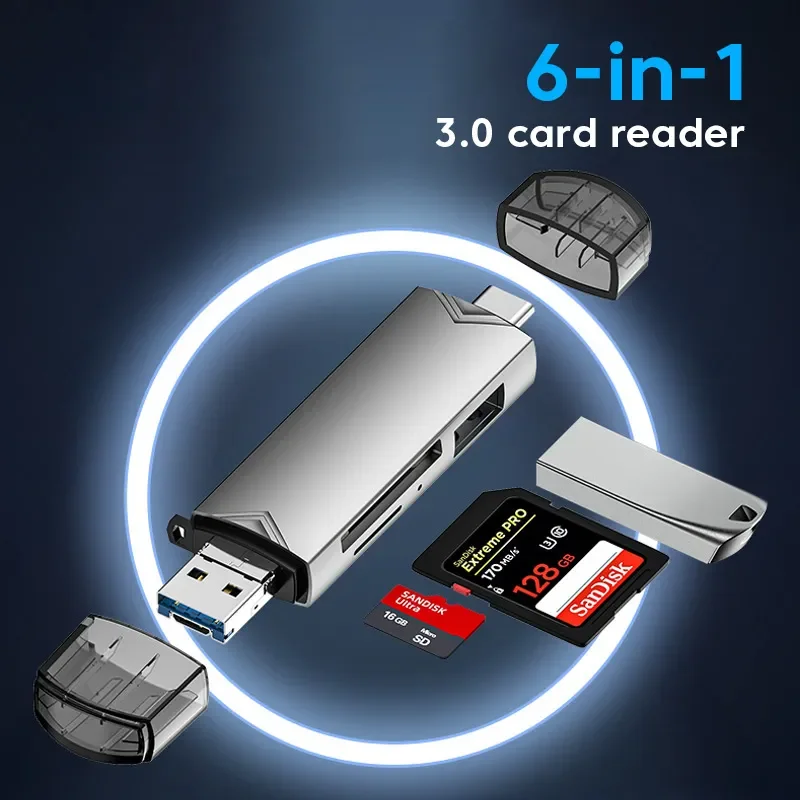 6 ב-1 קורא כרטיסי USB 3.0 מרובי תכניות U דיסק סוג C/Micro USB/Tf/Sd כונן זיכרון קריאת כרטיסים מתאם אביזרים לטלפון