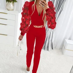 2024 Autumn Winter New Women's Solid Color V-neck Mesh Stitching One-Piece Trousers