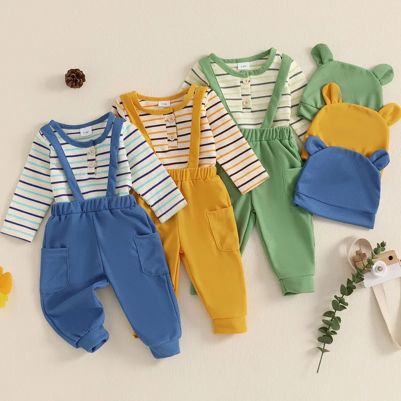 

0 to 9 Months Baby Boys Pant Sets Spring Autumn Clothes Stripe Buttons Long Sleeve Rompers Suspender Pants Hat