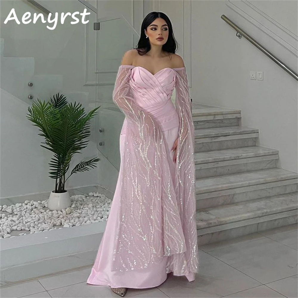 Aenyrst Roze Liefje Lange Lovertjes Prom Jurken Off Shoulder Zeemeermin Geplooide Avondjurken Vloerlengte Feestjurk