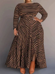 Women Plus Size Dress Vintage Pleated A-Line Business Casual Water Ripples Round Neck Long Sleeve Split Knitted Maxi Dress 2025