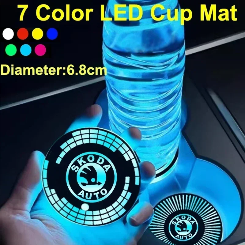 7 Colors LED Car Drinks Holder Water Logo Cupmat Coaster for SKODA Superb Kamiq Octavia A5 Fabia Rapid Yeti Kodiak Accessories