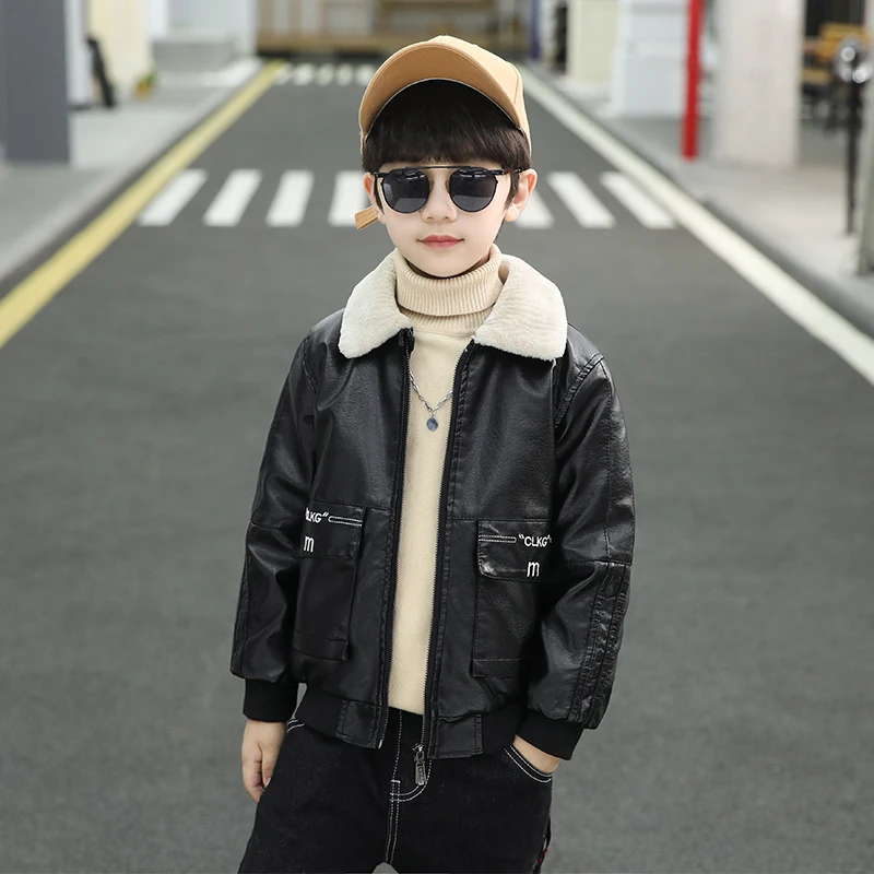 سترة جلدية وسيم للأطفال للخريف والشتاء سميكة ودافئة وبسيطة وعالية الجودة؛ 4-14 سنة #3