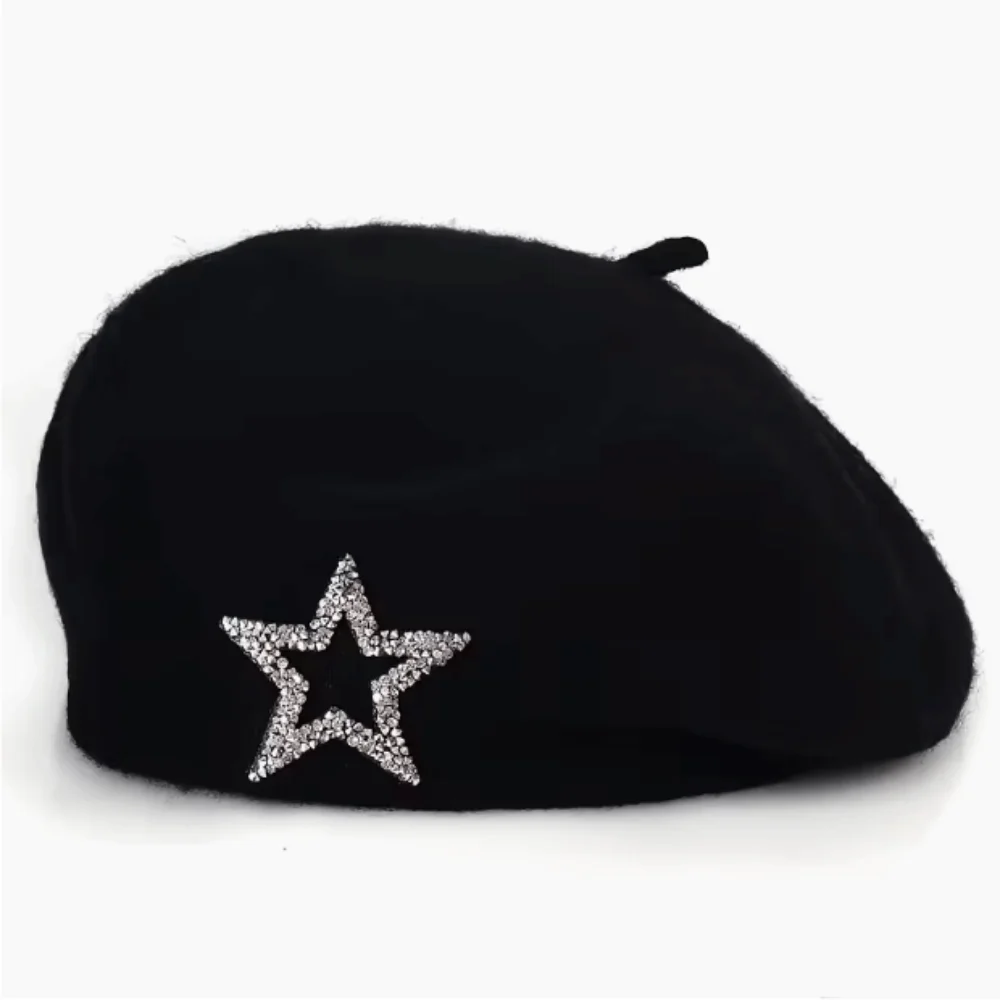 Streetwear Five-Pointed Star Wool Beret Soft Warm Knitted Painter Hat Rhinestone Decor Solid Color Beanie Cap Travel