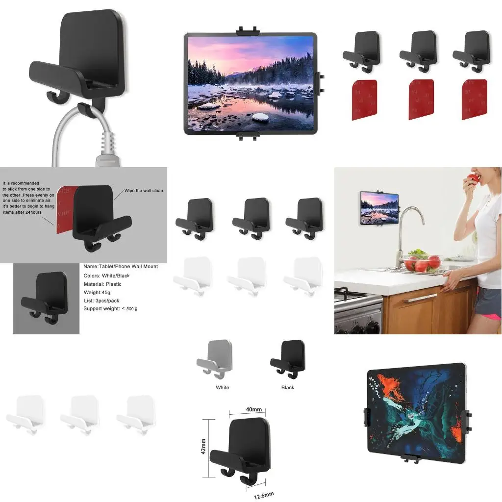 

3X Universal Cellphone Tablet Holder Wall Mount Stand For iPad iPhone Support Storage Cables And Home Hook Hanger