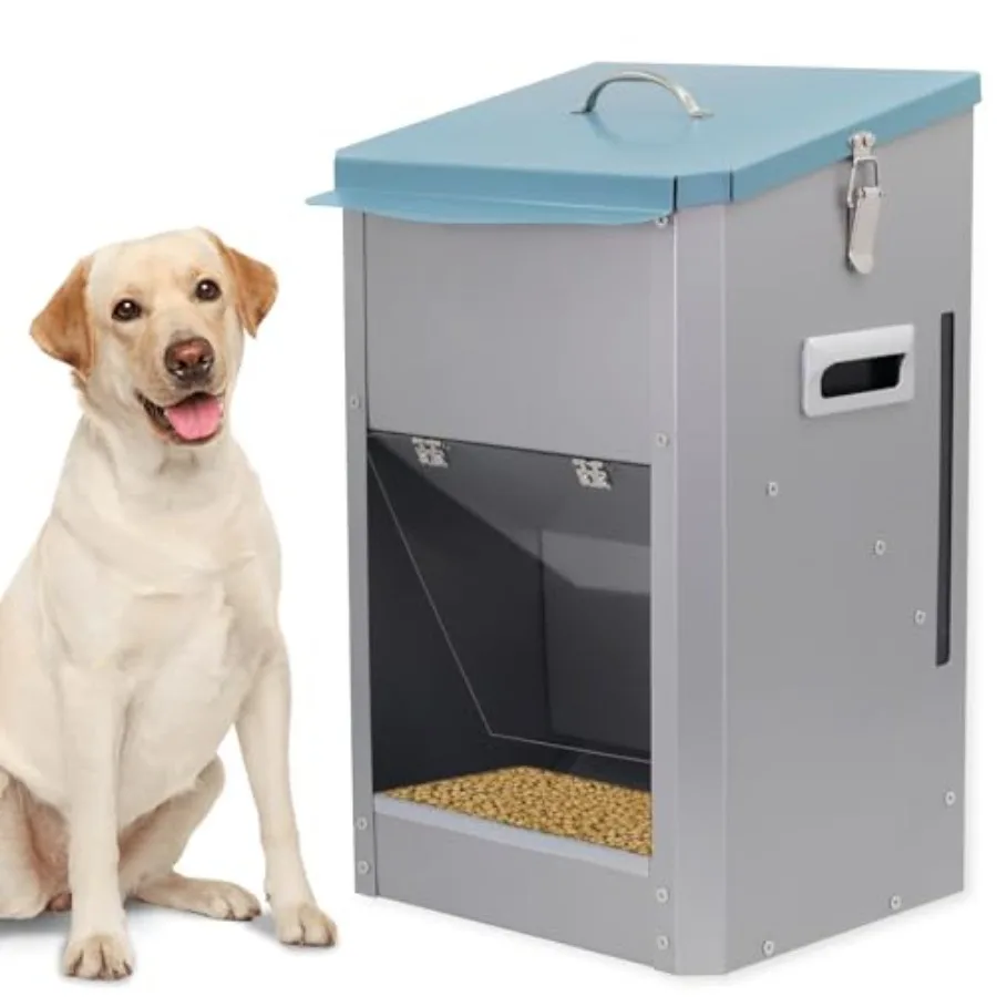 

Outdoor automatic dog feeder for small to large breeds galvanized metal gray 25lb gravity food dispenser with weather-resistant