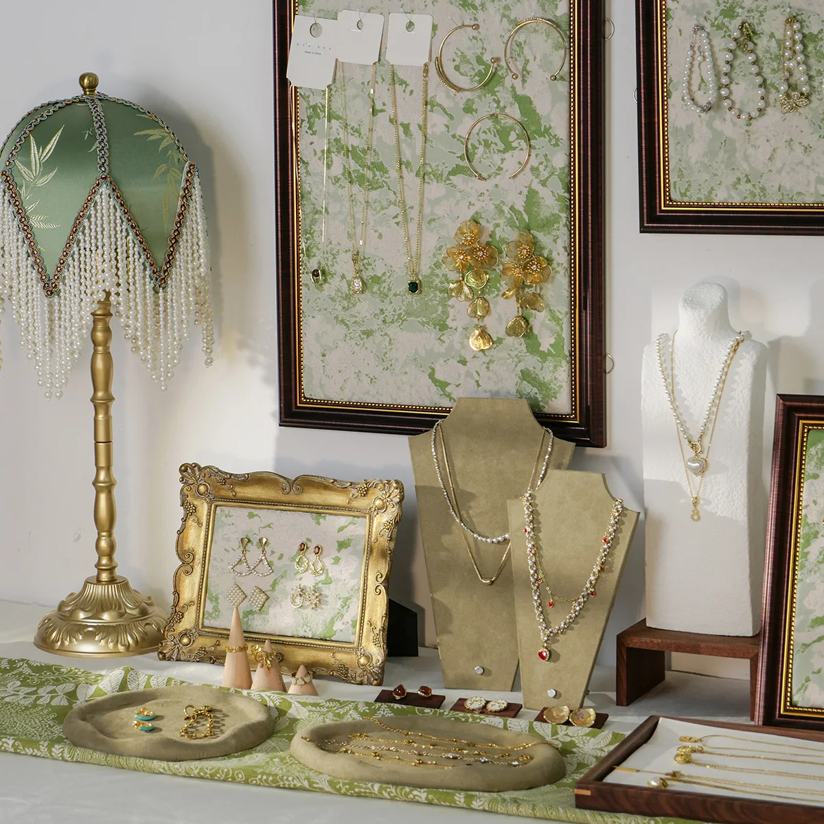 Green Wall Jewelry Display - Photo Frame Style Organizer with Necklace Mannequin for Earrings and Rings Store Presentation