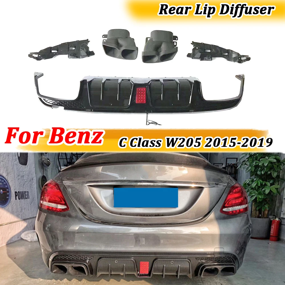 

Rear Bumper Lip Diffuser Led Light with Exhaust Tips for Benz C Class W205 C200 C300 C63 AMG Sedan 4 Door 2015-2019 ABS Material