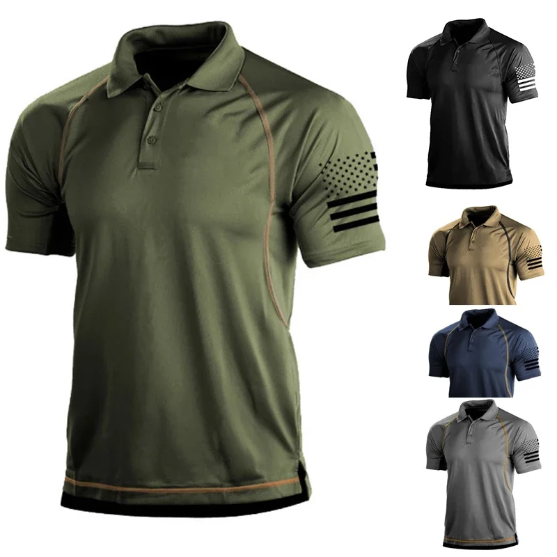 Summer Men\'s Casual Polo Shirt Outdoor Tactical Lapel Button Short Sleeve Sports T-shirt Fashion Contrast Pullover Top