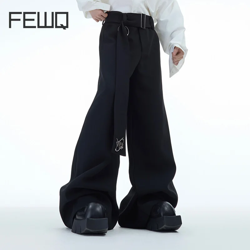 FEWQ Niche Metal Wide Leg Trousers Loose Ribbon Design Solid Color Casual Pants 2024 Streetwear New Fashion 24E5766