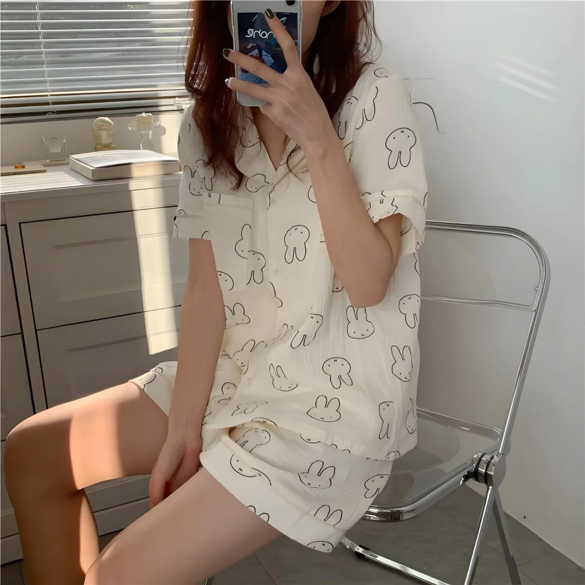 Kawaii أنيمي ميفي أرنب الكرتون منامة مع قلب بناتي الصيف فضفاضة رقيقة تنفس قصيرة الأكمام السراويل ملابس المنزل مجموعة #5