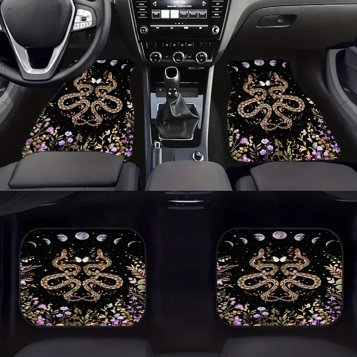 Set Of 4 Car Floor Mats Featuring Witchcraft Designs With Snakes And Moon Phases, Providing Complete Coverage For Both Front And