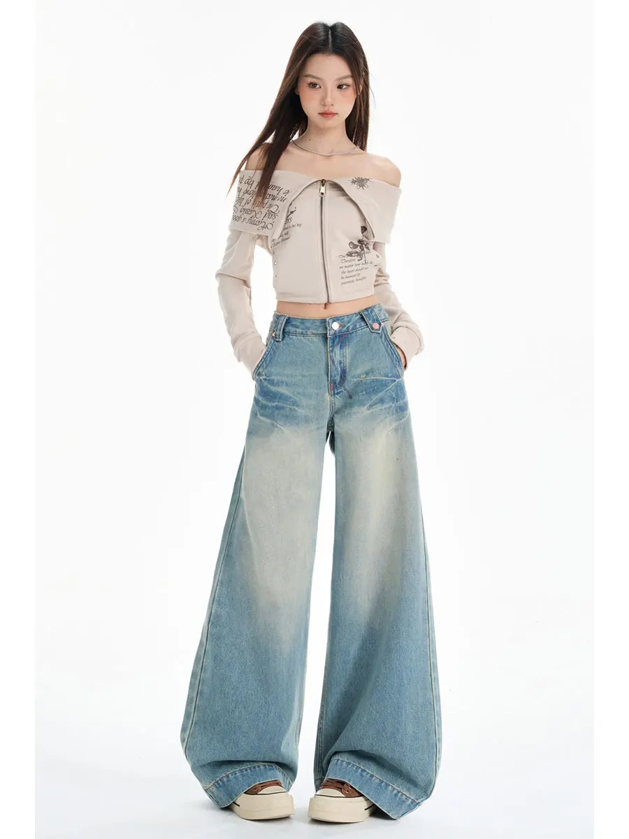 Calças de brim retas femininas confortáveis lazer cintura alta perna larga calças jeans soltas rua hip hop estilo moda