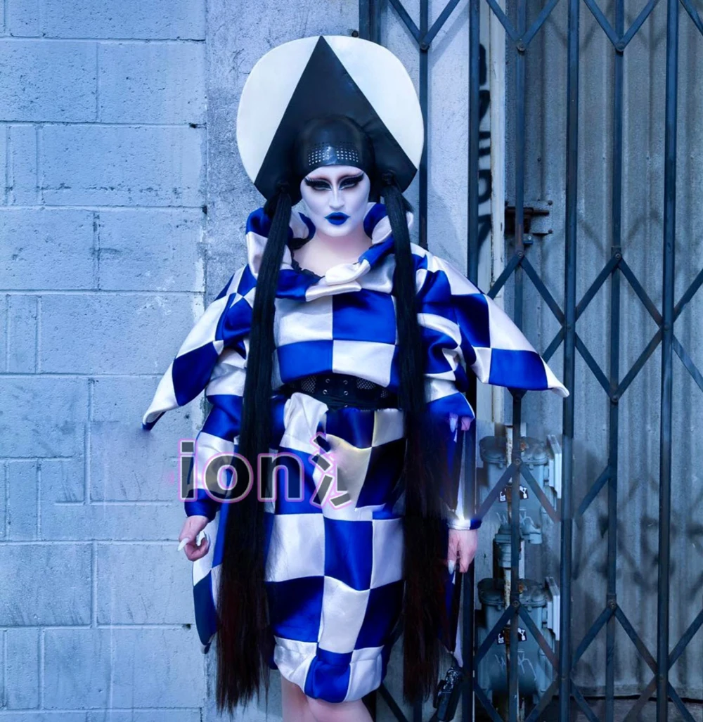 Club  Show custom halloween white and blue plaid horror show bar gogo ds cosplay party costume