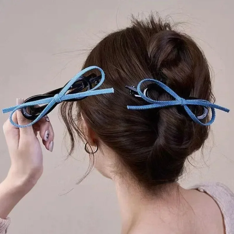 

Korean Simple Denim Butterfly Knot Hair Twisted Clip Women's New 2025 Shark Clamp Hair Accessory for Back of Head Bun Daily Use