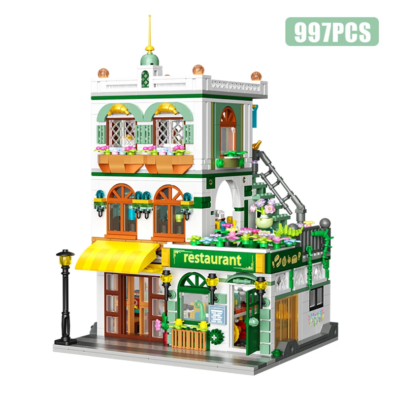 Creative 997Pcs Street View Chinese Restaurant Model Building Blocks City Three Floor Architecture Mini Bricks Toys For Kid Gift