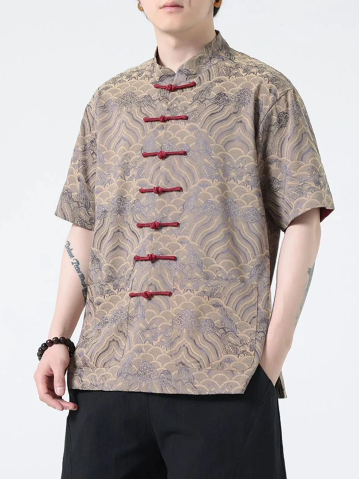 

Ice Silk Short Sleeve Shirt Men's Summer New Chinese Style Clothing Embroidered Improved Tang Costume Hanfu Thin Button up Top