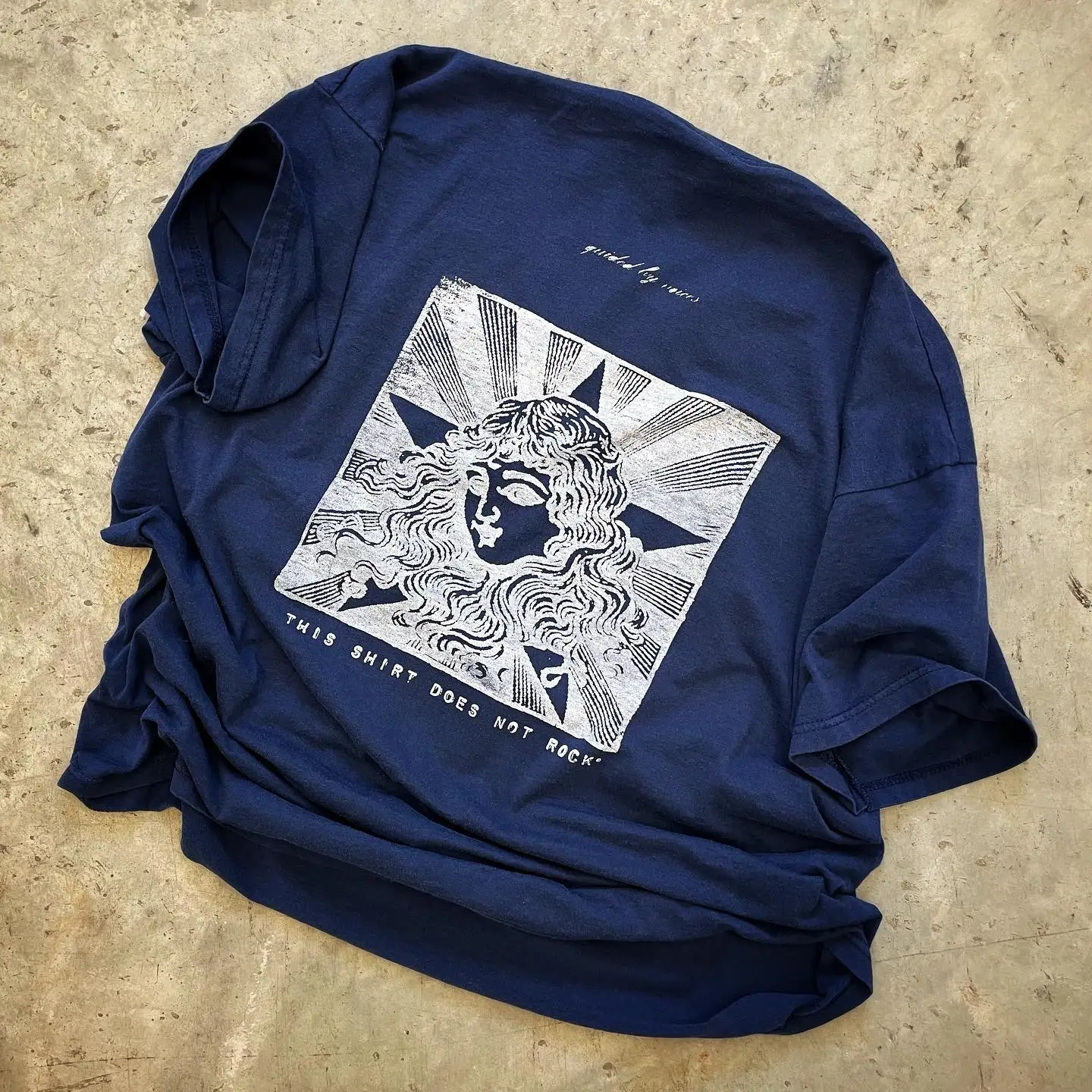 Dark Blue Short Sleeve T-Shirt American Artistic Woodcut Style Anti-Rockabilly Slogan Skin-Friendly Breathable Cotton Tee