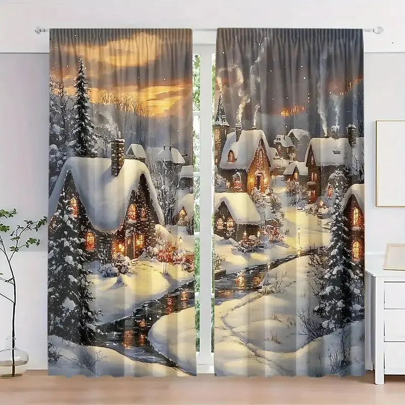 

2 Pcs Christmas Snow House print curtains,suitable for bedroom,living room kitchen decoration,home decoration,window decoration