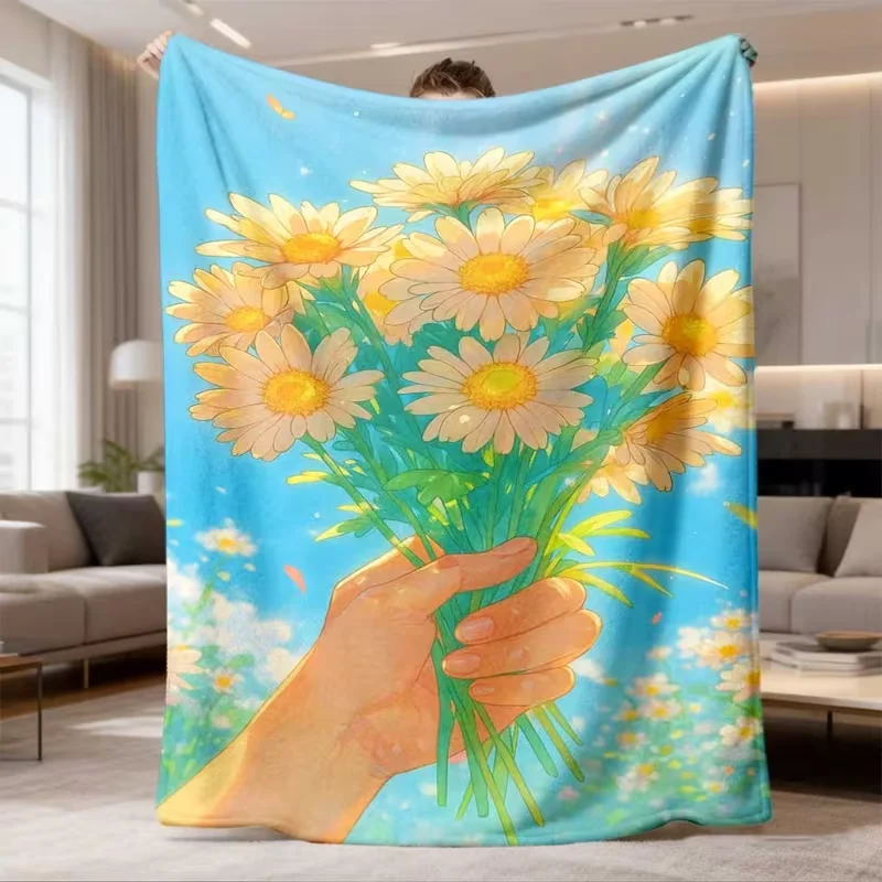 Hand Holding Daisy Bouquet Blanket Bright Sky Floral Art Print Soft Warm Cozy Blanket Dreamy Botanical Style Bedroom Decor