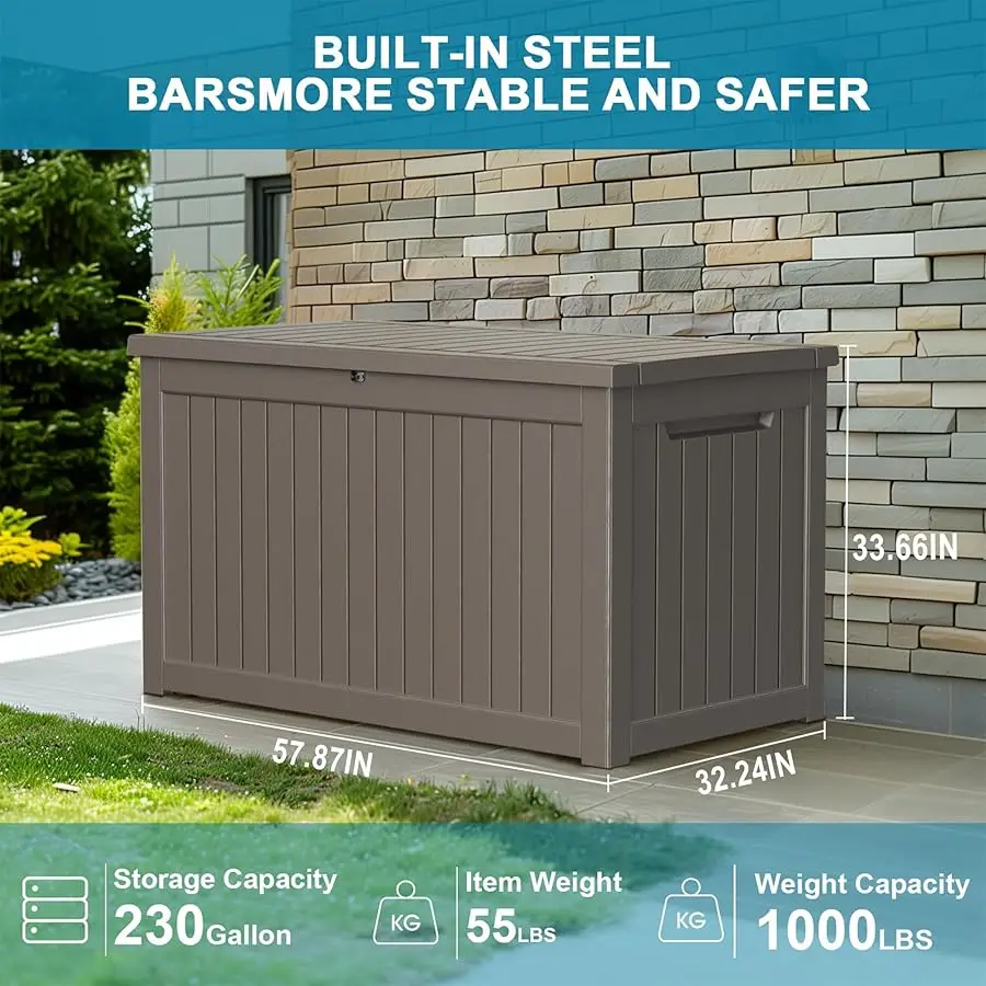 

230 Gallon Resin Deck Box, Lockable Patio Outdoor Storage Box for Furniture, Garden Tools and Tools Storage, Waterproof Outside