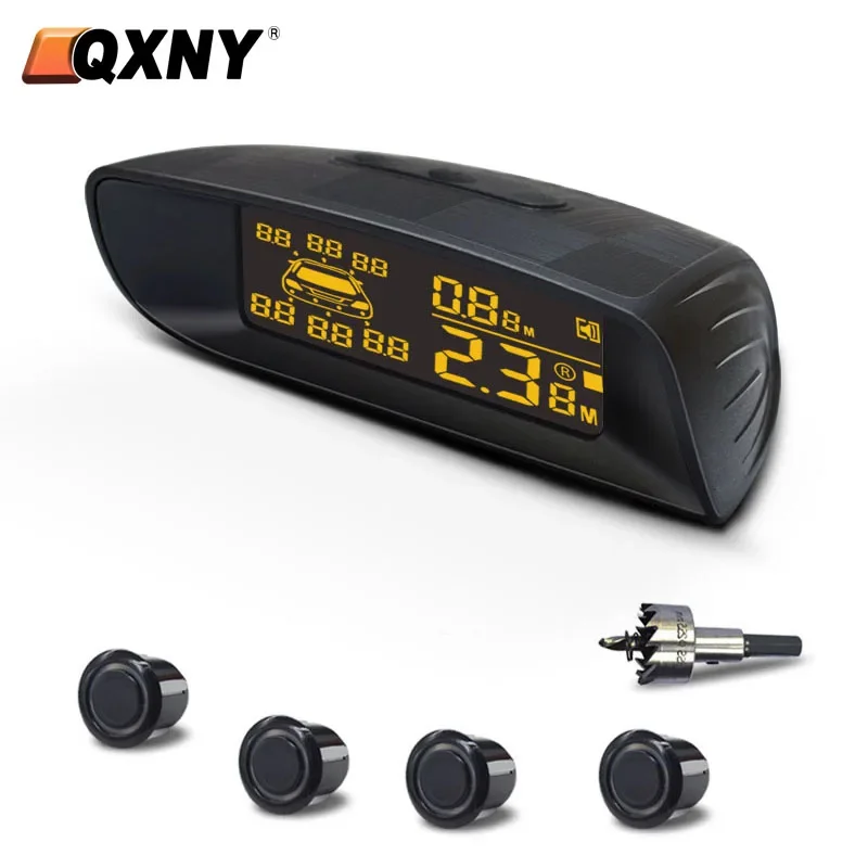 QXNY 4 Parking Sensors Kit Car Auto Vehicle Reverse Backup Radar System Distance Detection LCD Distance Display Sound Warning