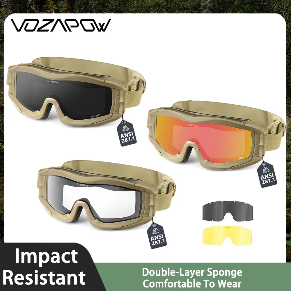 Vozapow Airsoft Tactical Goggles Anti Fog Impact Resistant Sunglasses Shooting Safe Protection Motocross Mountaineering Glasses