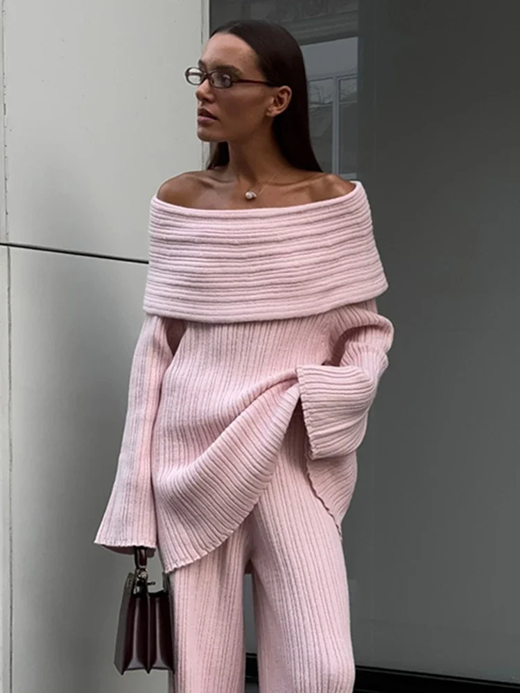 TARUXY Elegant One-Shoulder Knitted Dress For Women Loose Sexy Rib knit Sweater Autumn Winter Midi Dresses Female Long Sleeve