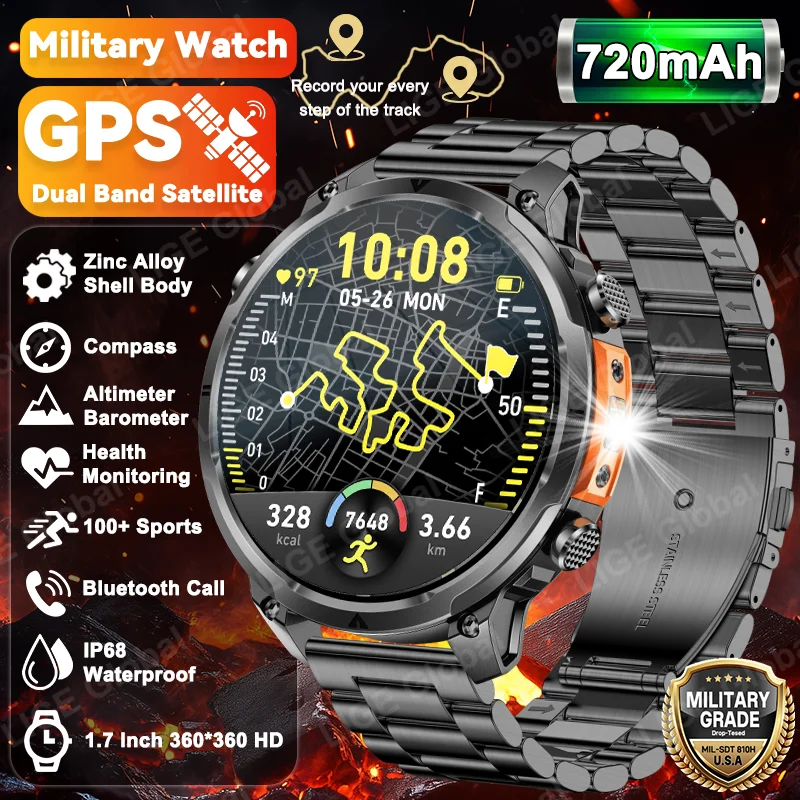 

LIGE New GPS Smartwatch Man 720mAh Battery IP68 Waterproof Bluetooth Call 1.7" HD Sports Flashlight Compass Men Smart Watch 2026