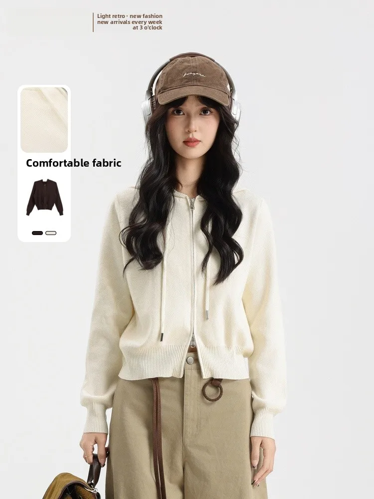 

Женский вязаный кардиган с двойной молнией и капюшоном, универсальный, Memory's Start, Зима 2025, Новинка, Повседневный, с длинными рукавами