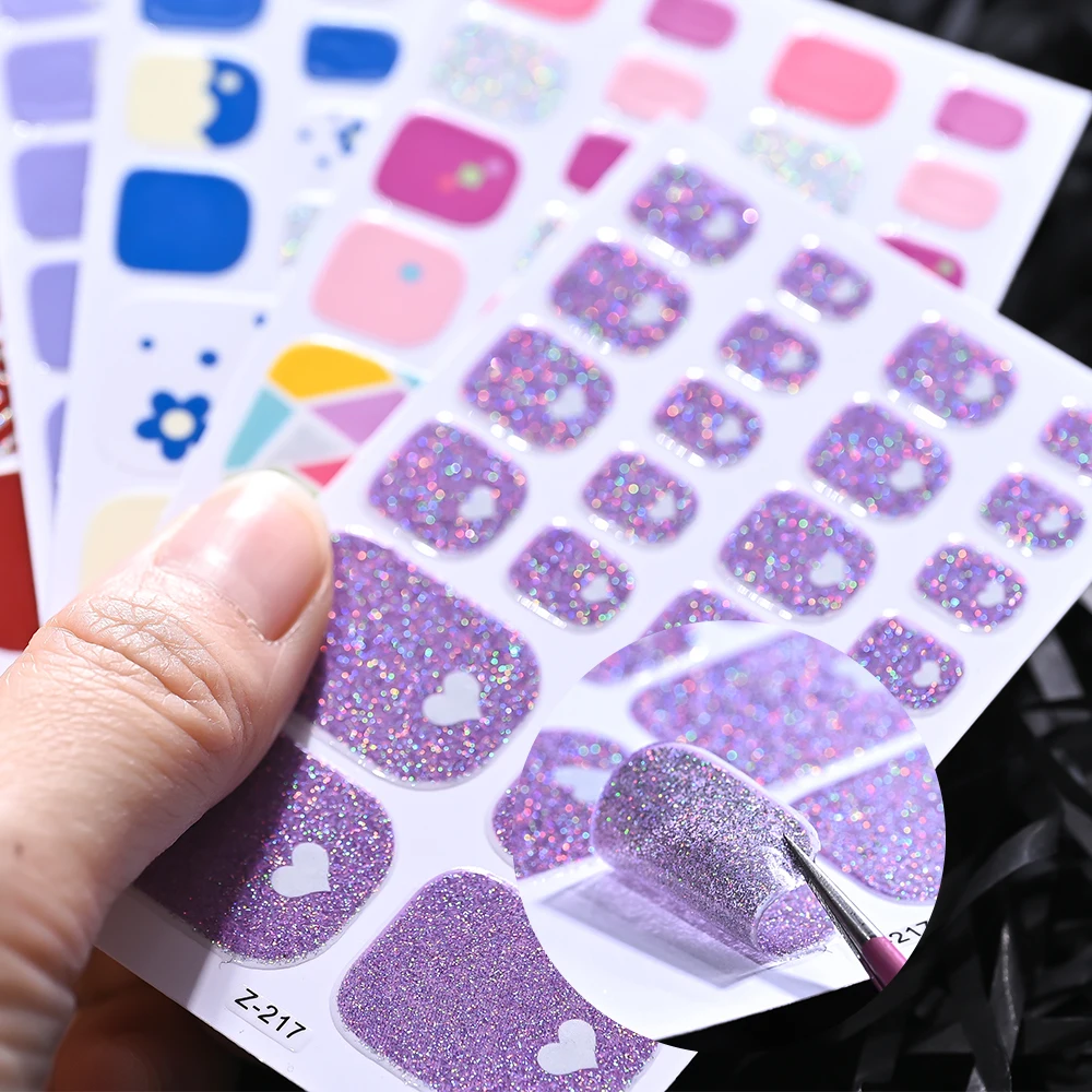 5 folhas roxo glitter toe adesivos de unhas amor design cobertura completa adesivo unha polonês tiras verão toenail deacorations envoltórios