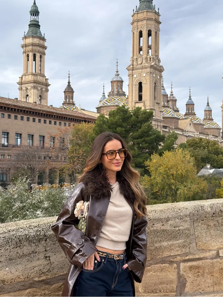 Fur Collar Patchwork Women Leather Jacket Fashion Full Sleeve Lace Up Loose Coat With Belt 2025 Lady Daily High Street Outerwear