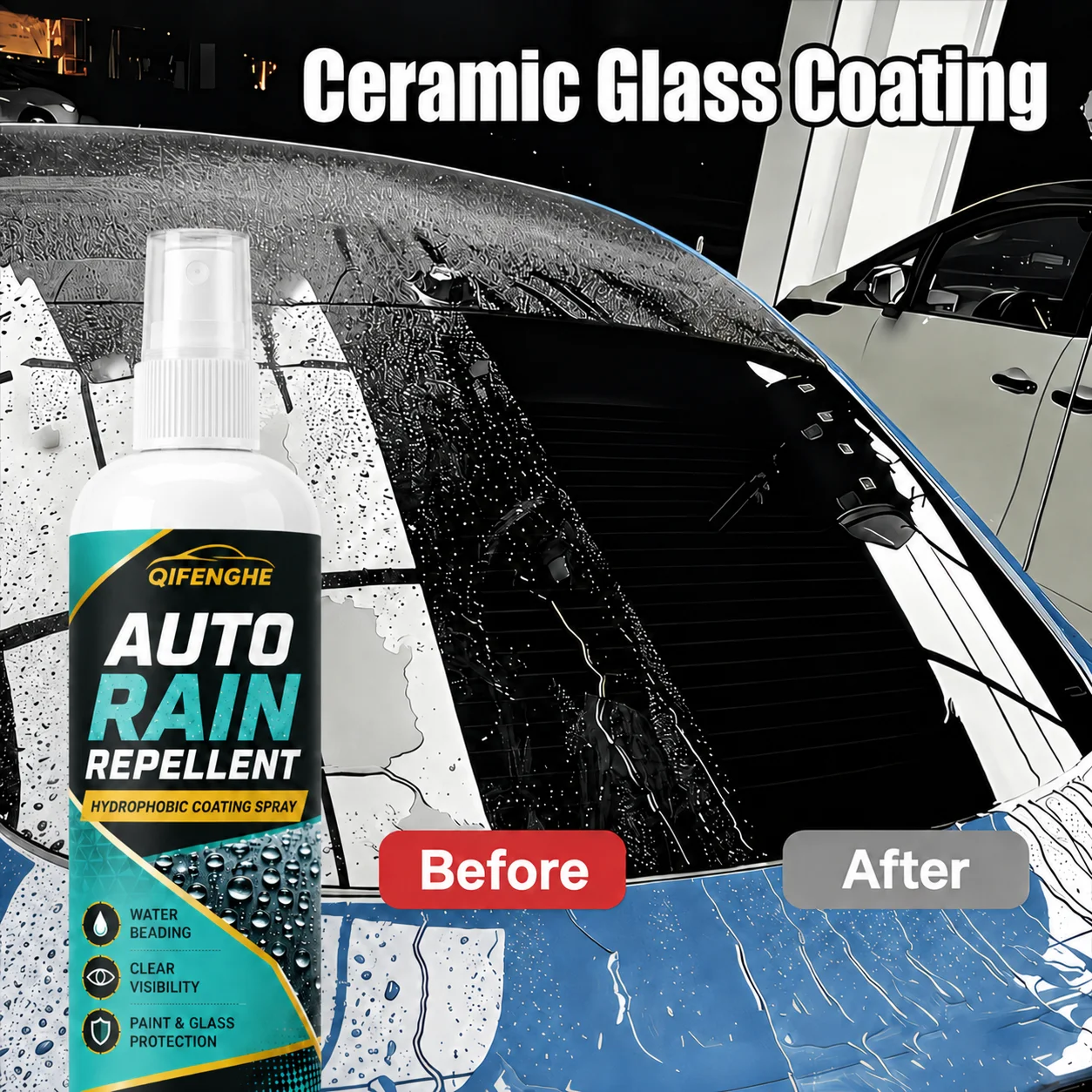 WKAU Fast-Acting Car Glass Water Repellent, Nano Hydrophobic Rain & Anti-Fog Coating, Comprehensive High-Efficiency Protection F