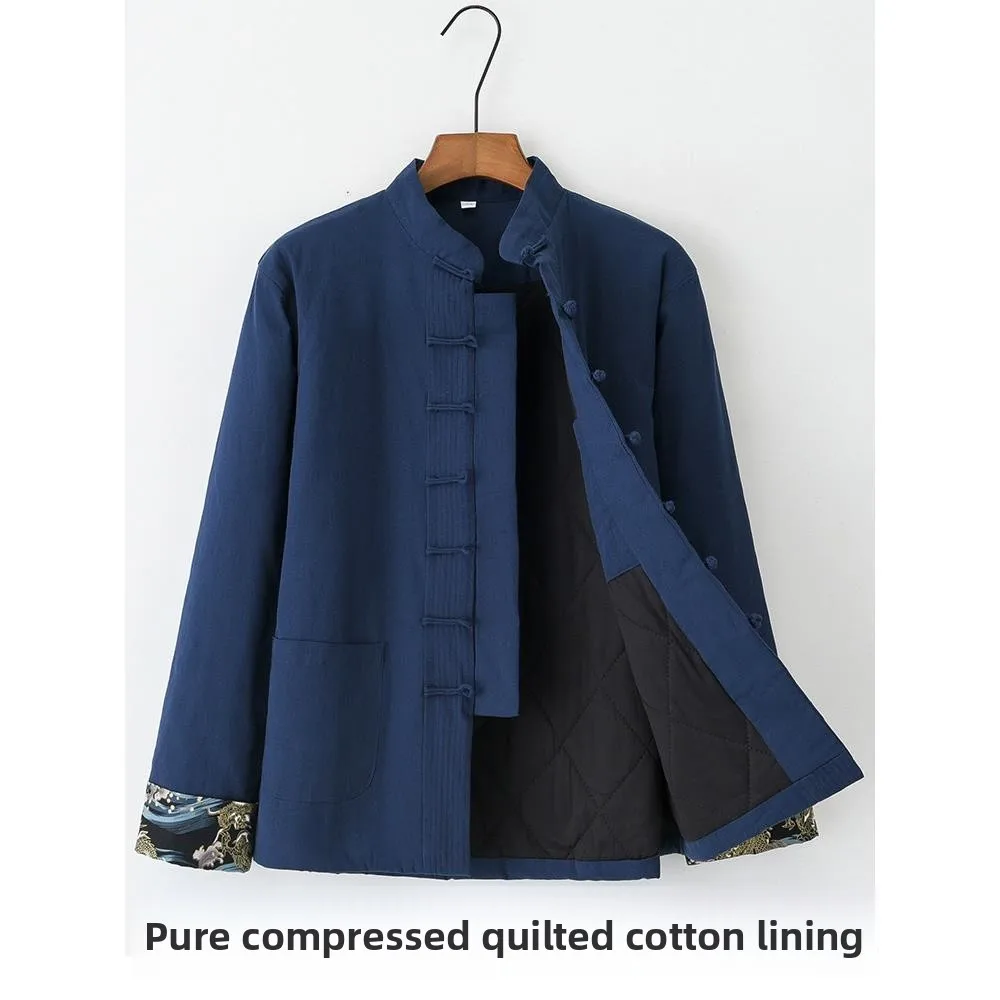 

Thiened Cotton Padded Jaet Men's Traditional Chinese Sle Warm Elastici Long Sve Coat with Button Closure Cotton Fi...