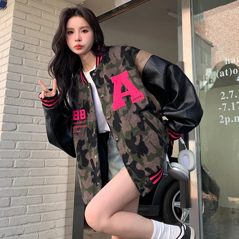 Kurtki baseballowe z literą M damskie wygodne kontrastowe z przeszyciami młodzieżowe ze skóry bydlęcej w stylu cargo petite casual ocieplane sportowe