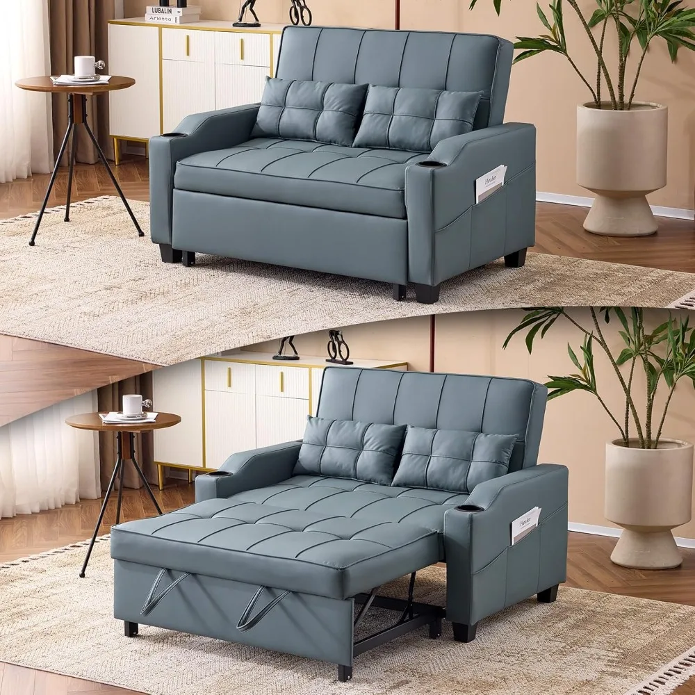 

Convertible Loveseat Sleeper, Blue Grey Faux Leather Futon Sofa Bed Pullout Couch Bed with USB Ports, Cup Holders, Armrest for