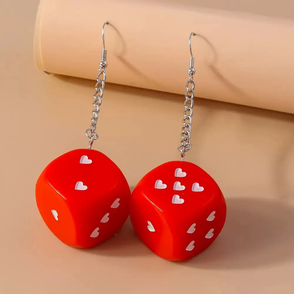 

Interesting Hip Hop Heart-Shaped Red Dice Large Women's Earrings Fashion Luxury Tassel Chain Ear Hook Women Jewelry Accessories