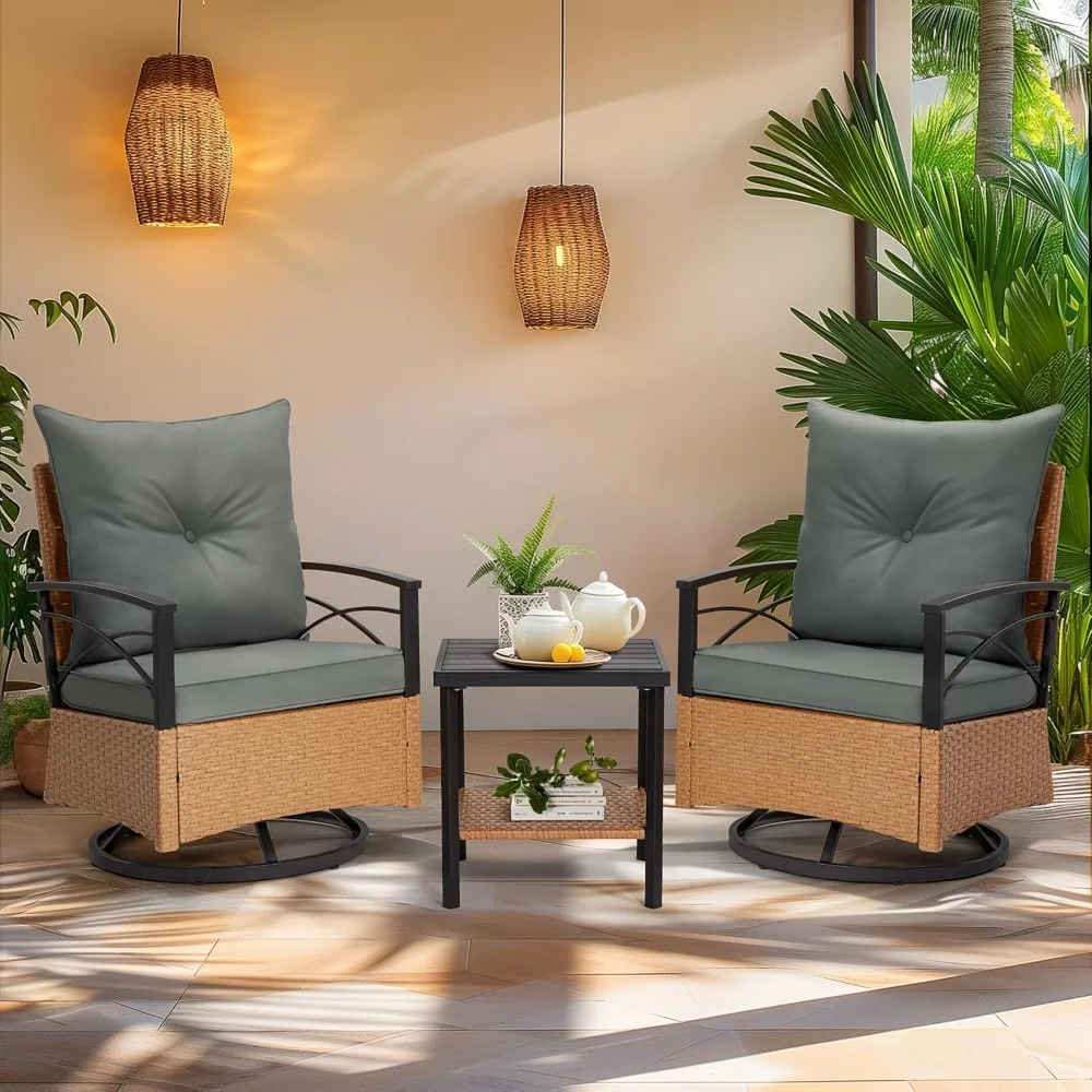 

"3-Piece Outdoor Patio Furniture Set with Swivel Rocking Chairs, Plush Cushions, and 2-Level Coffee Table in Oversized Wicker St