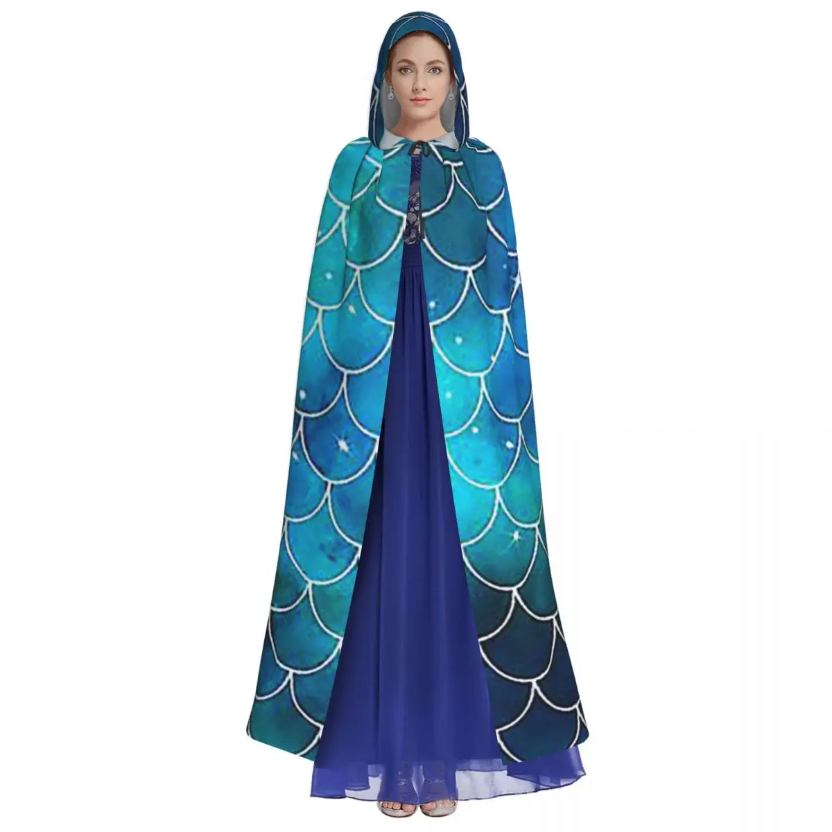 Blue Mermaid Pattern Mermaid Scales Long Hooded Cloak Witch Medieval Costume Cosplay Cape HalloweenParty Adult Unisex