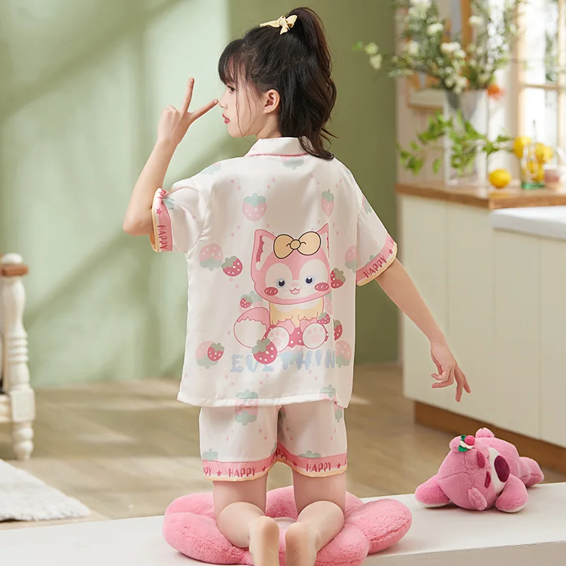 

Sanrios Kuromi Cinnamoroll My Melody Ice Silk Short-Sleeved Three-Piece Suit Children's Pajamas Girls Parent-Child Home Clothes