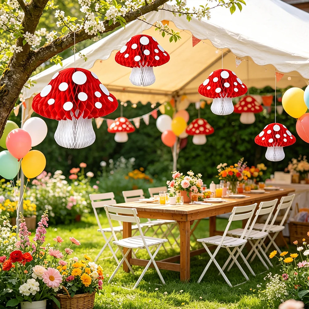 Pilz-Waben-Partydekoration 3D Pilz-Hängedekoration Niedliche Pilze für Feenwald-Gartenparty, Geburtstagsdekoration – Detail 2