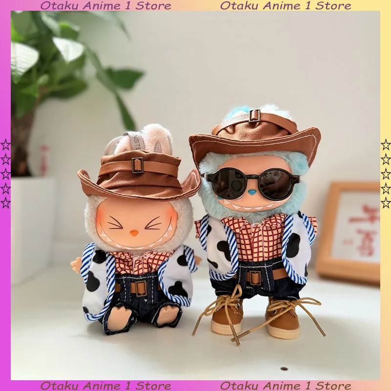 

Cartoon Labubu Doll Clothes West Cowboy Outfit with Cowboy Hat Mini Plush Doll Clothing Fashion Doll Accessories Gift