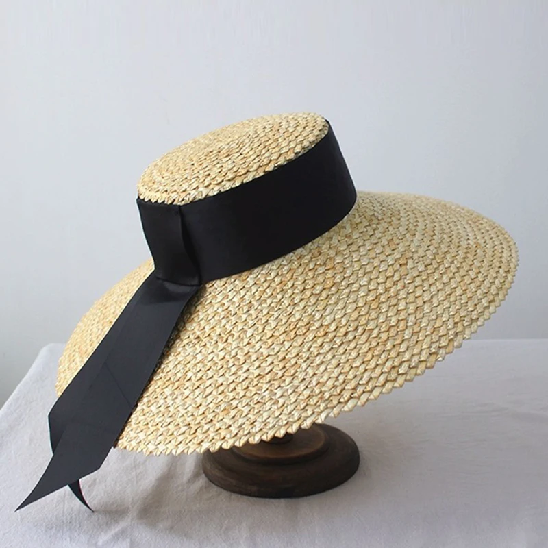 Women Classical Wheat Straw Hat Summer Cap Large Wide Brim Sun Hat Elegant Floppy Ribbon Beach Hat Vocation Derby Hat