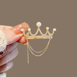 Korean Style Crown Brooches for Queen Rhinestone Pearl Tassel Chain Lapel Pin Badge Retro Female Corsage Men Accessories Gifts